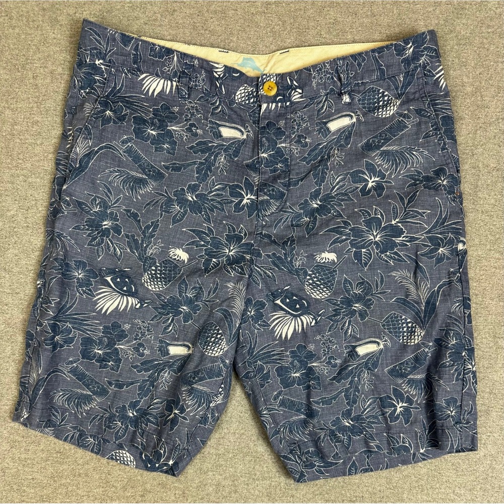 Tommy Bahama Linen Shorts Mens 36 Blue Tropical Pineapple Resort Flat Front